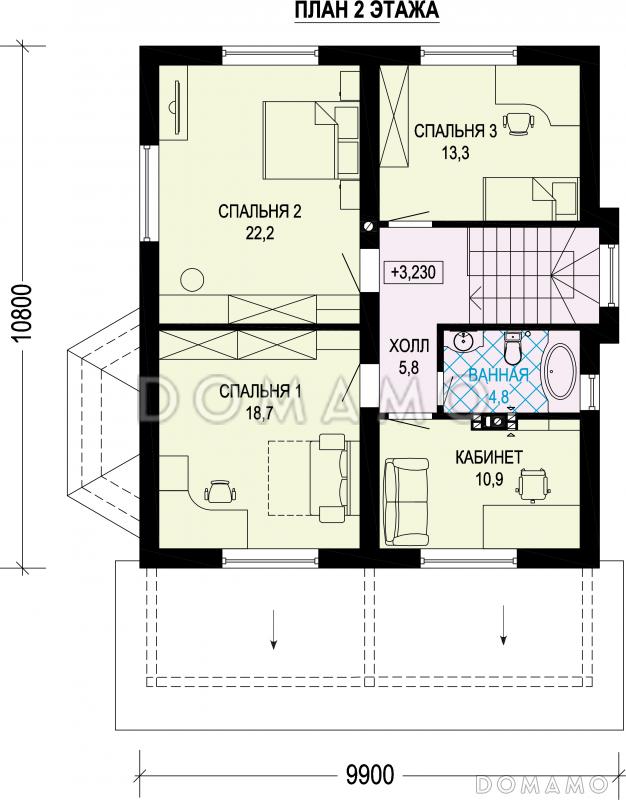 Проект двухэтажного газобетонного дома с эркером и крытой террасой на входе / План 2 этажа