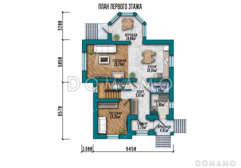 Проект дома с 4 спальнями, просторной ванной и полукруглой верандой / План 1 этажа
