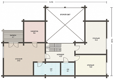 Проект двухэтажного дома из клееного бруса с тремя небольшими террасами на первом этаже / План мансардного этажа Проект двухэтажного дома из клееного бруса с тремя небольшими террасами на первом этаже / План мансардного этажа