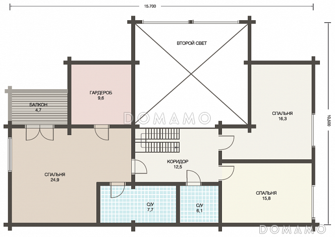 Проект двухэтажного дома из клееного бруса с тремя небольшими террасами на первом этаже / План мансардного этажа Проект двухэтажного дома из клееного бруса с тремя небольшими террасами на первом этаже / План мансардного этажа
