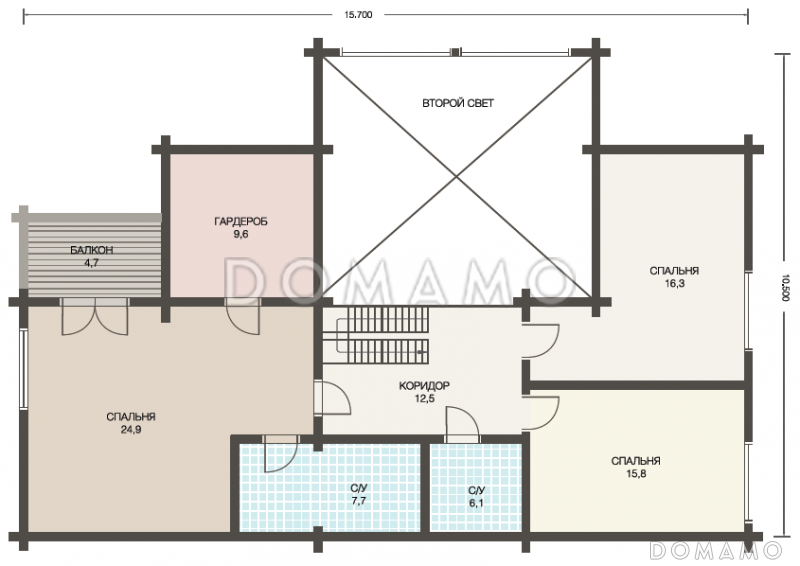 Проект двухэтажного дома из клееного бруса с тремя небольшими террасами на первом этаже / План мансардного этажа