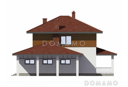 Проект двухэтажного дома с гаражом и навесом для автомобилей / Фасад 1