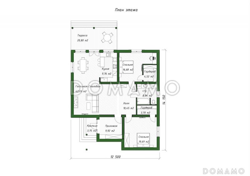 Проект одноэтажного дома из газобетона с крытой террасой в европейском стиле / План 1 этажа