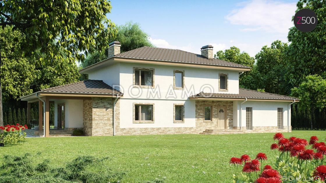 Проект красивого просторного двухэтажного коттеджа из кирпича с крытой террасой и гаражом / 1