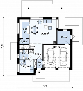 Проект современного двухэтажного дома из кирпича с плоской крышей с четырьмя спальнями, кабинетом и двухместным гаражом / План 1 этажа Проект современного двухэтажного дома из кирпича с плоской крышей с четырьмя спальнями, кабинетом и двухместным гаражом / План 1 этажа