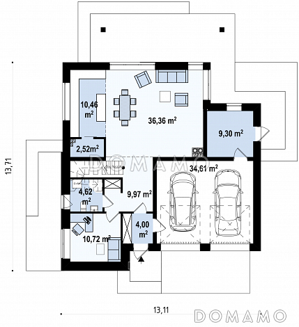 Проект современного двухэтажного дома из кирпича с плоской крышей с четырьмя спальнями, кабинетом и двухместным гаражом / План 1 этажа Проект современного двухэтажного дома из кирпича с плоской крышей с четырьмя спальнями, кабинетом и двухместным гаражом / План 1 этажа