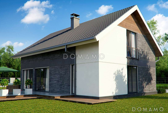 Проект одноэтажного мансардного дома из кирпича с четырьмя спальнями и панорамным остеклением гостиной Проект одноэтажного мансардного дома из кирпича с четырьмя спальнями и панорамным остеклением гостиной