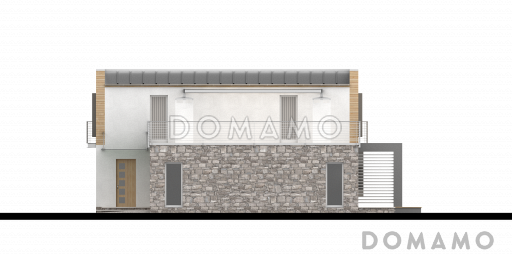 Проект современного двухэтажного дома с плоской крышей из газобетона с четырьмя спальнями, гаражом и просторной террасой над ним / Фасад 4