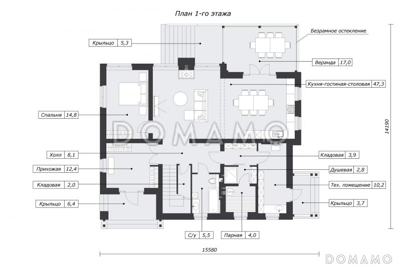 Проект дома в деревенском стиле с 5 спальнями, сауной и верандой с панорамными окнами / План 1 этажа