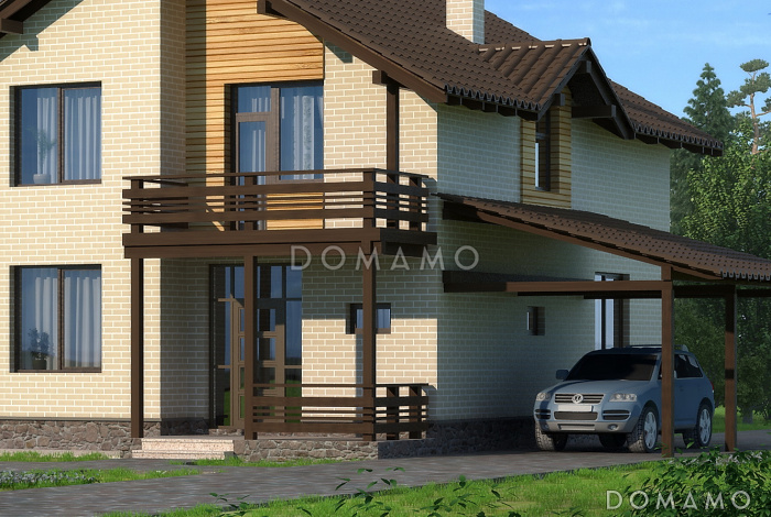 Проект бежевого двухэтажного дома с лоджией над крыльцом