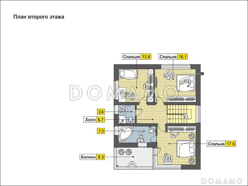 Проект дома по технологии ЛСТК с навесом на две машины, крытой террасой, спальней на первом этаже, балконом / План мансардного этажа