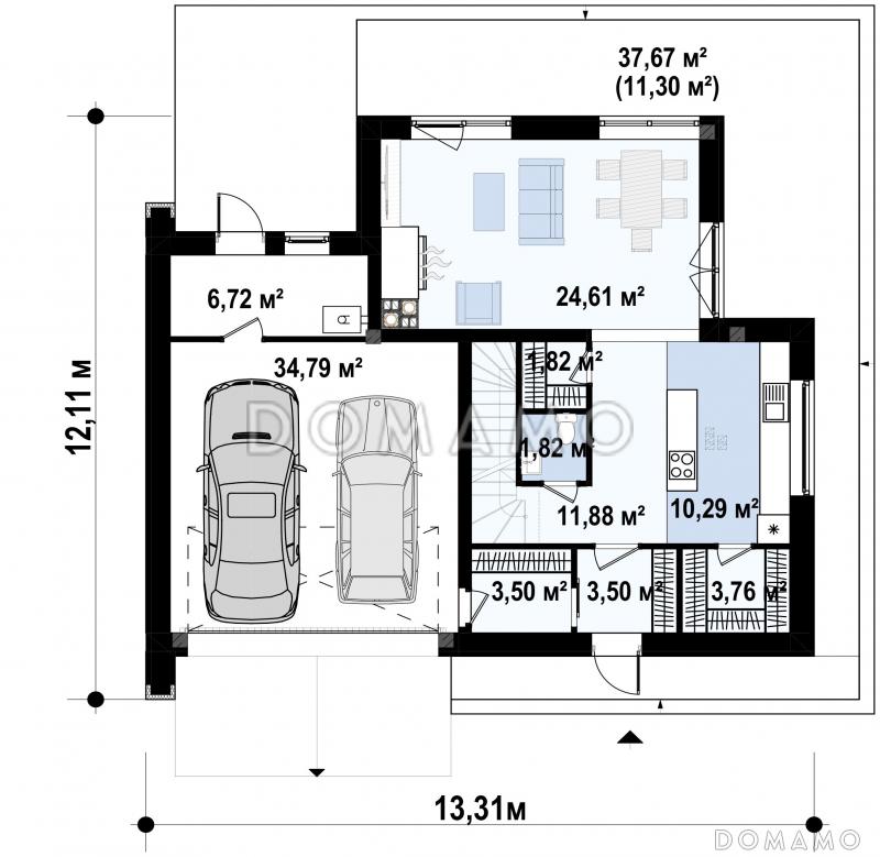 Проект двухэтажного дома с гаражом, гостиной с камином, кладовой, балконами, мастер-спальней / План 1 этажа