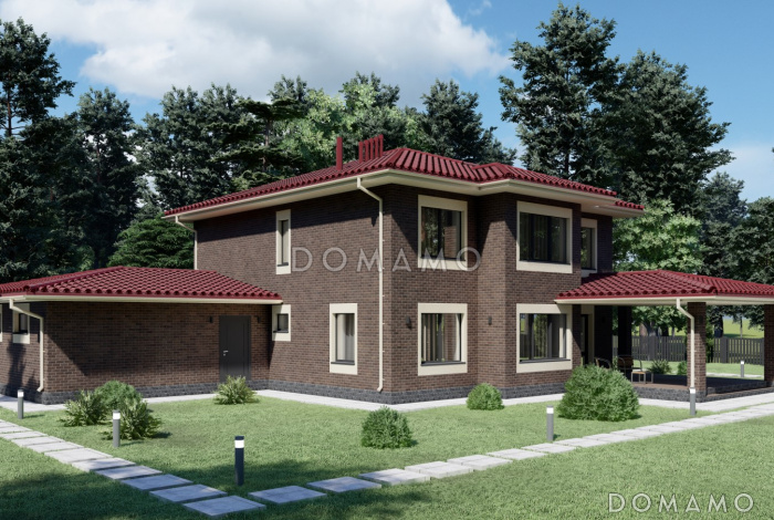 Проект двухэтажного дома с гаражом на две машины в стиле Райт S-234