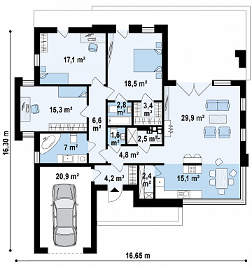 Проект современного одноэтажного дома из кирпича с плоской крышей с тремя спальнями, частично крытой террасой и одноместным гаражом / План 1 этажа Проект современного одноэтажного дома из кирпича с плоской крышей с тремя спальнями, частично крытой террасой и одноместным гаражом / План 1 этажа