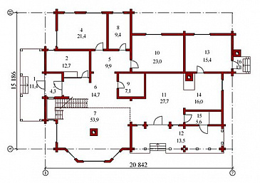 Проект двухэтажного дома из бруса / План 1 этажа Проект двухэтажного дома из бруса / План 1 этажа