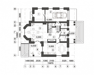 Проект современного дома усадебного типа с подвалом / План 1 этажа