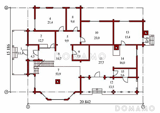Проект двухэтажного дома из бруса / План 1 этажа Проект двухэтажного дома из бруса / План 1 этажа