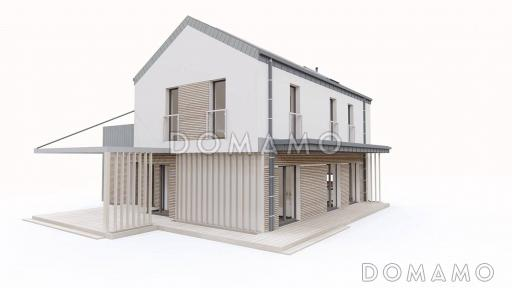 Проект двухэтажного дома с гаражом и террасой над ним, кухней с двумя окнами, кладовой / Фасад 3