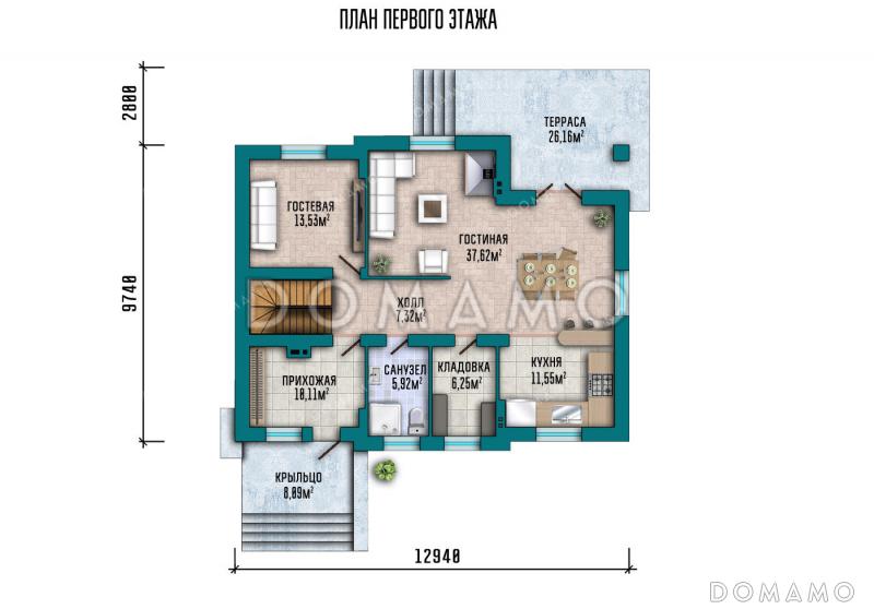 Проект дома со спортзалом и постирочной в подвале, 6 комнатами и террасой / План 1 этажа