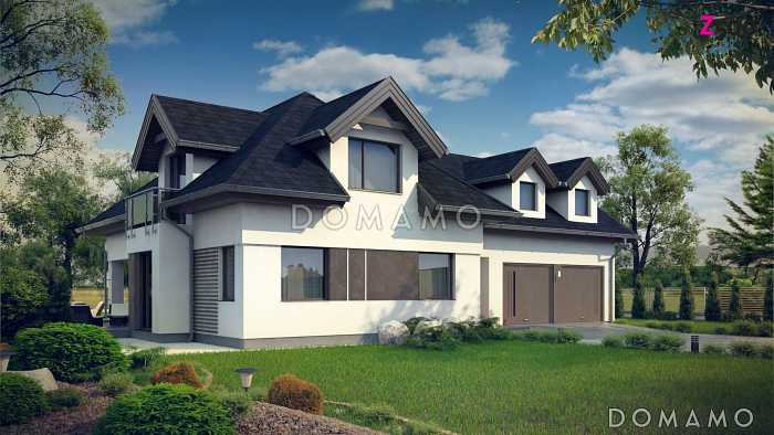 Проект одноэтажного мансардного дома из кирпича с кабинетом, гаражом на два автомобиля и большой мансардной комнатой