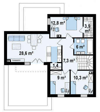 Проект современного комфортного двухэтажного дома из кирпича для двух семей с квартирами на разных этажах и общим гаражом с двумя въездами / План 2 этажа