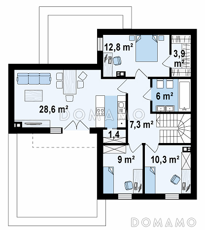 Проект современного комфортного двухэтажного дома из кирпича для двух семей с квартирами на разных этажах и общим гаражом с двумя въездами / План 2 этажа