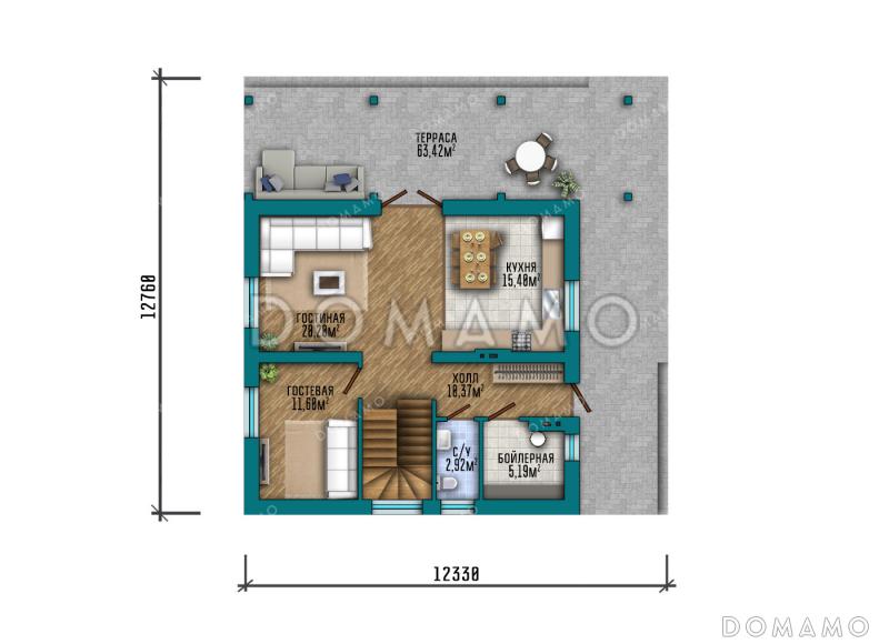 Проект дома с мастер-спальней, крытой и открытой террасами и балконом / План 1 этажа