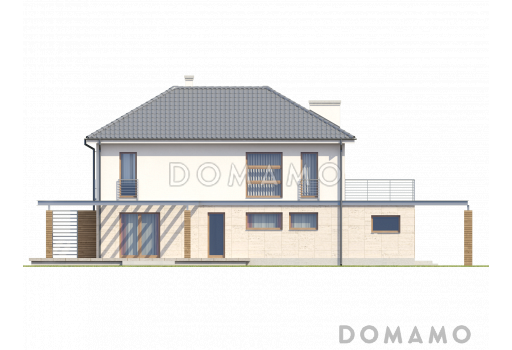 Проект двухэтажного дома из газобетона с четырьмя комнатами, гаражом и открытой террасой над ним / Фасад 2