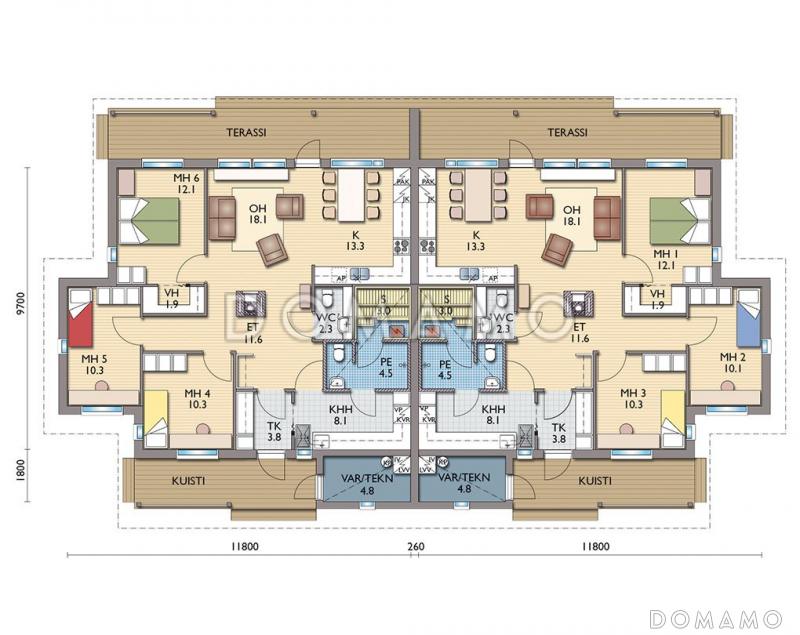Проект одноэтажного дуплексного дома с сауной / План 1 этажа