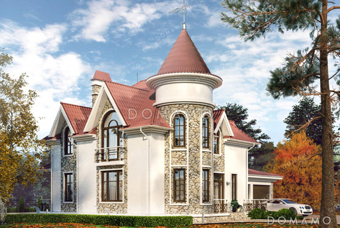 Проект дома-замка с гаражом на два автомобиля, башенкой и полукруглой террасой