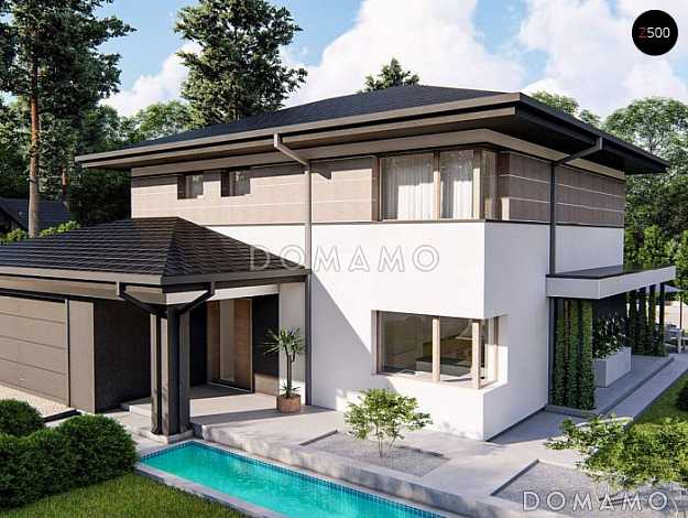 Проект загородного дома с гаражом, комнатой с гардеробной на первом этаже, кладовой на кухне,  балконом на втором этаже в хозяйской спальне