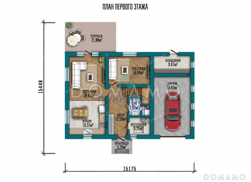 Проект двухэтажного дома с большой террасой, гаражом и подвалом / План 1 этажа Проект двухэтажного дома с большой террасой, гаражом и подвалом / План 1 этажа