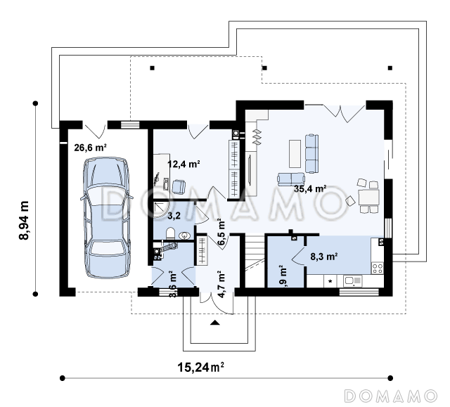 Проект одноэтажного мансардного дома из кирпича со встроенным гаражом и открытой террасой над ним / План 1 этажа
