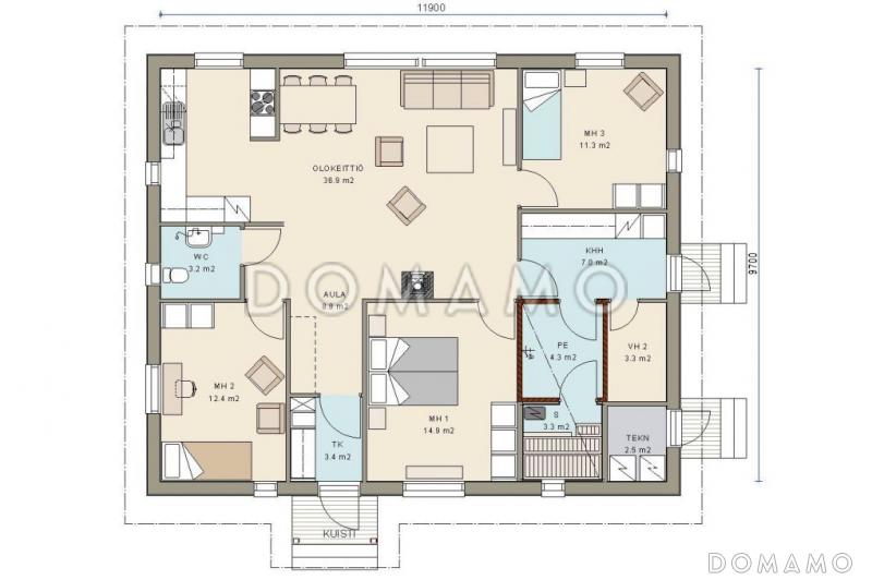 Проект одноэтажного каркасного дома с большими окнами / План 1 этажа