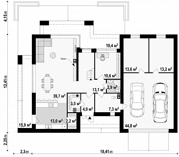 Проект двухэтажного дома из газобетона с гаражом и террасой на втором уровне по периметру дома / План 1 этажа Проект двухэтажного дома из газобетона с гаражом и террасой на втором уровне по периметру дома / План 1 этажа
