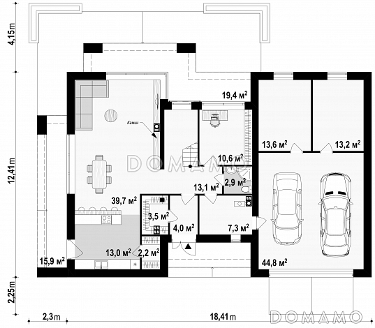 Проект двухэтажного дома из газобетона с гаражом и террасой на втором уровне по периметру дома / План 1 этажа Проект двухэтажного дома из газобетона с гаражом и террасой на втором уровне по периметру дома / План 1 этажа