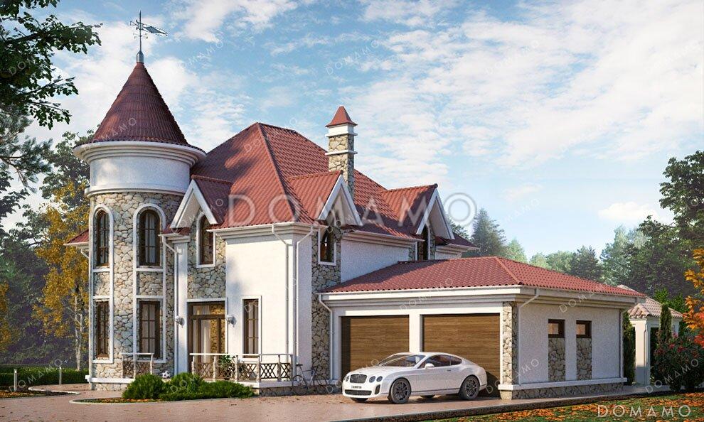 Проект дома-замка с гаражом на два автомобиля, башенкой и полукруглой террасой / 1