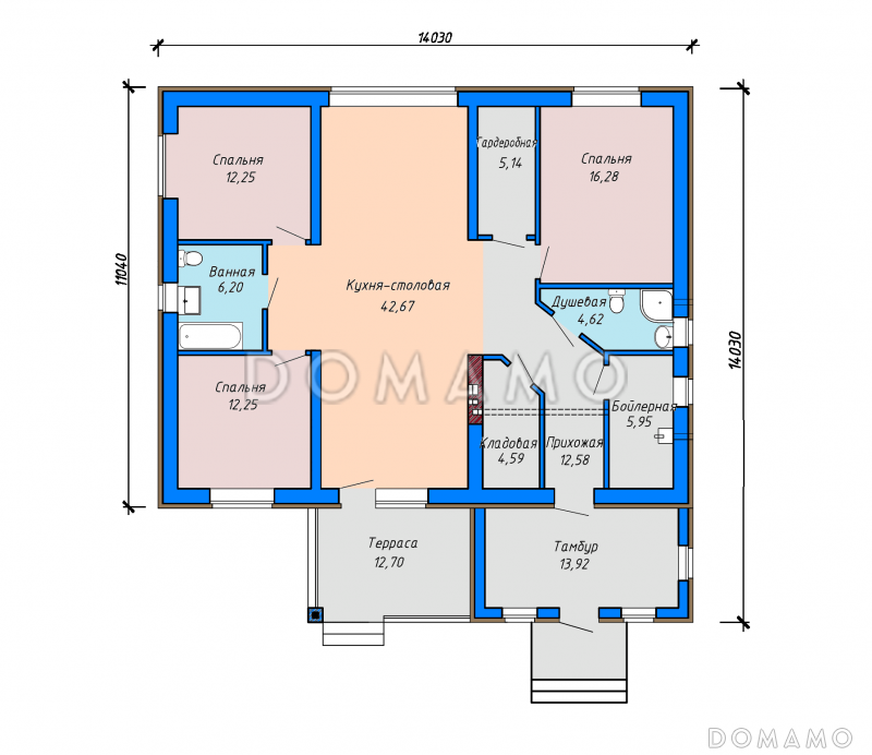 Проект загородного дома с террасой, просторным тамбуром, ванной и душевой, кухней-столовой в центральной части дома / План 1 этажа