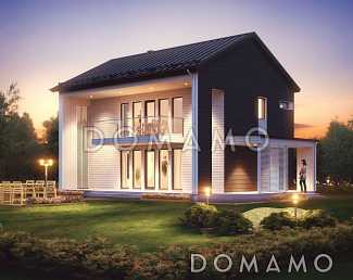 Проект современного двухэтажного каркасного дома с двускатной крышей