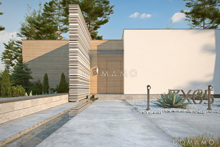 Проект одноэтажного дома с плоской крышей, большой террасой Проект одноэтажного дома с плоской крышей, большой террасой