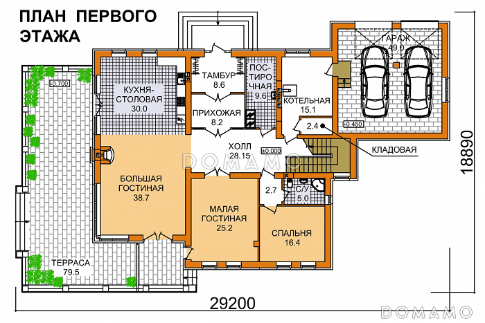 Проект дома из пеноблоков с большой открытой террасой и гаражом на две машины / План 1 этажа Проект дома из пеноблоков с большой открытой террасой и гаражом на две машины / План 1 этажа