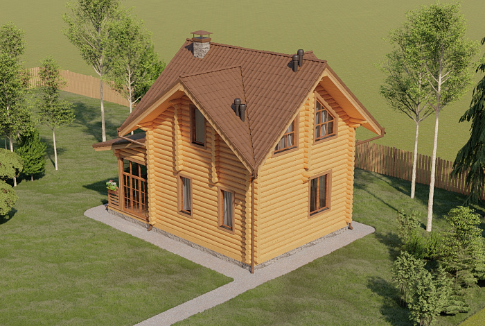 Проект двухэтажного дома из бревна с двумя спальнями, камином и верандой