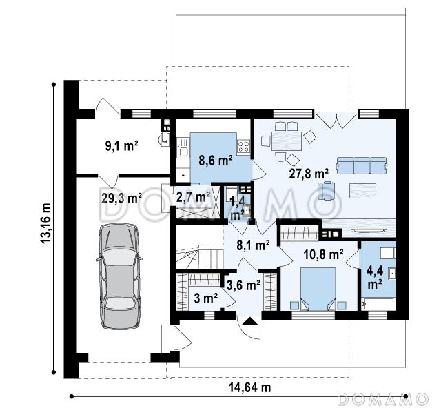 Проект современного двухэтажного дома из кирпича сложной формы с четырьмя спальнями и гаражом / План 1 этажа