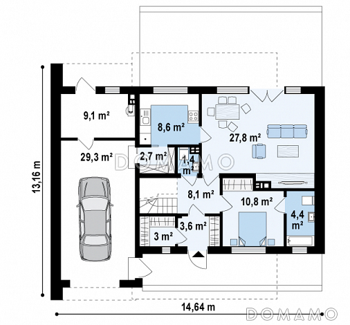 Проект современного двухэтажного дома из кирпича сложной формы с четырьмя спальнями и гаражом / План 1 этажа