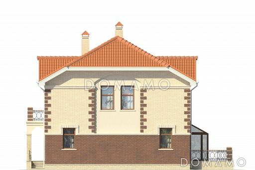 Проект двухэтажного дома с эркером, балконами, зимним садом, спальней на первом этаже / Фасад 2