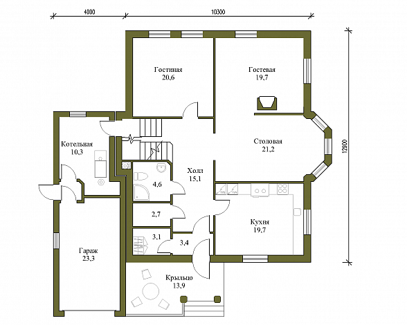 Проект дома из газобетона с гаражом на одну машину / План 1 этажа