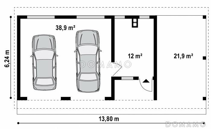 Проект гаража из газобетона для двух авто с отдельными воротами, техническим помещением и навесом / План 1 этажа Проект гаража из газобетона для двух авто с отдельными воротами, техническим помещением и навесом / План 1 этажа