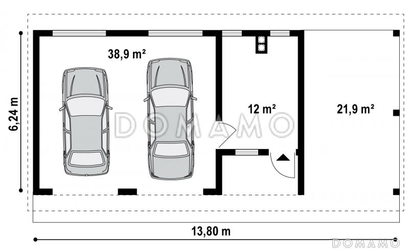 Проект гаража из газобетона для двух авто с отдельными воротами, техническим помещением и навесом / План 1 этажа