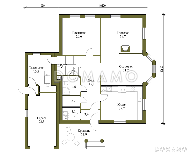 Проект дома из газобетона с гаражом на одну машину / План 1 этажа