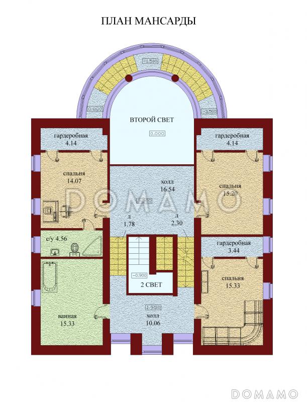 Проект одноэтажного дома с мансардой, цоколем и чердаком, со стеклянным эркером / План мансардного этажа